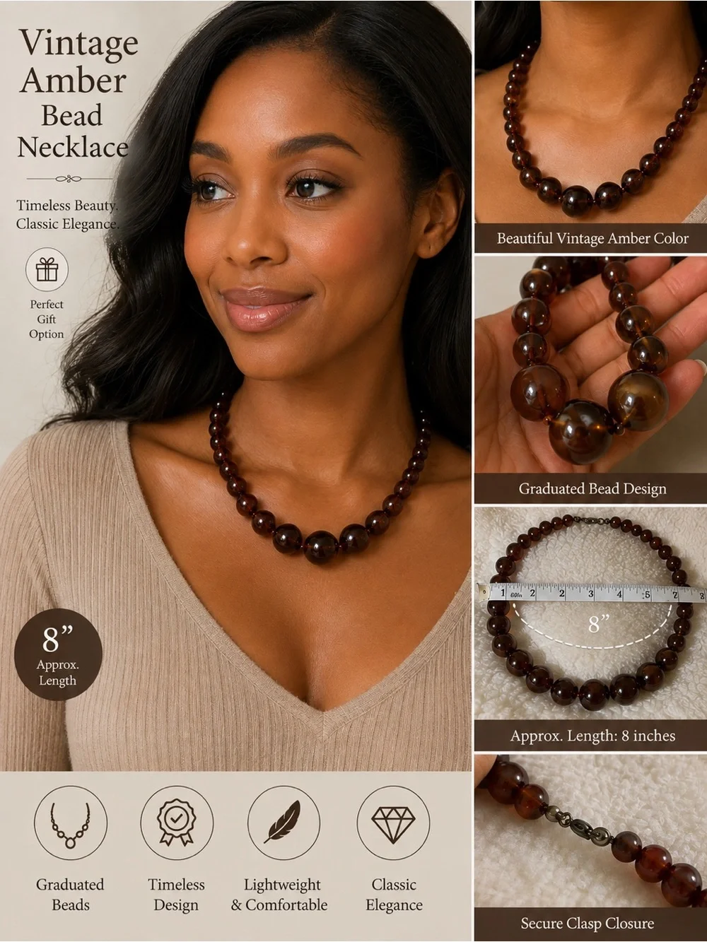Vintage Amber Bead Necklace - Classic Brown Amber Beads